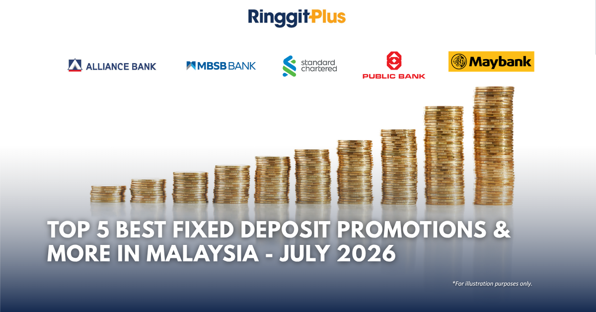 Top 5 best fixed deposit promotions and board rates in Malaysia July 2026 by RinggitPlus, featuring Alliance Bank, MBSB Bank, Standard Chartered, Public Bank and Maybank logos with an ascending stack of coins illustration.