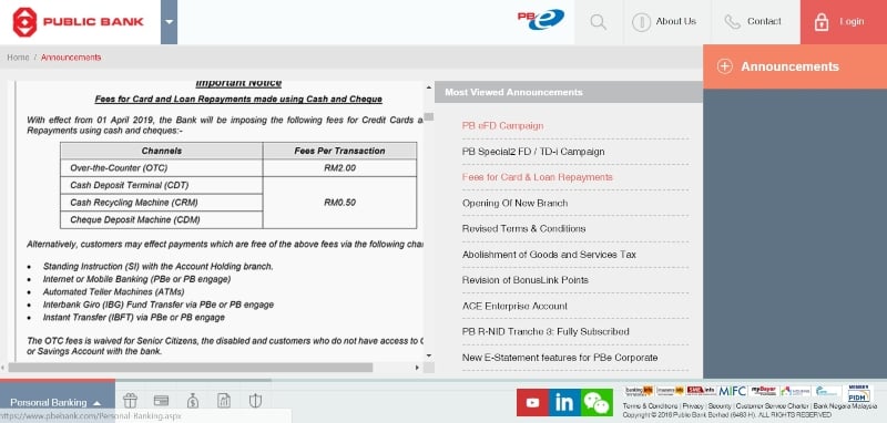 Public Bank To Charge Customers For Using Cash And Cheques For Card And Loan Repayment