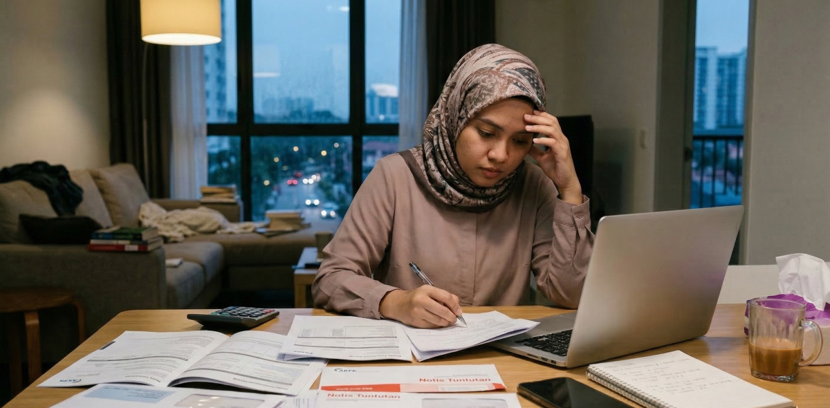 Seorang individu duduk di meja dengan dokumen kewangan dan komputer riba, meneliti pelan pembayaran hutang sambil mengelak daripada tekanan ejen pengutip hutang.