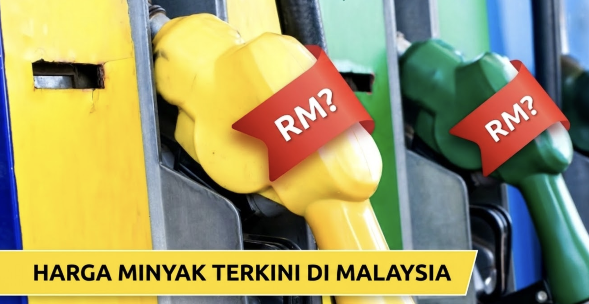 Ilustrasi papan harga minyak di stesen minyak Malaysia memaparkan RON95, RON97 dan diesel, dengan pemandu memerhati perubahan harga mingguan sebelum mengisi minyak.