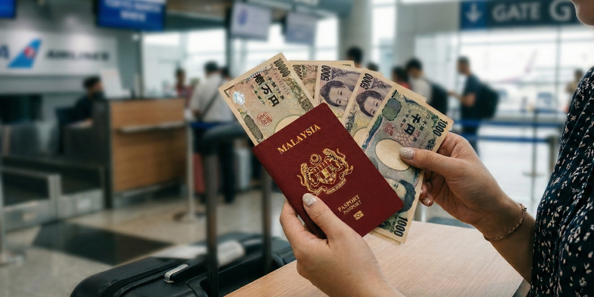 Seorang pelancong memegang pelbagai mata wang asing di tangannya dalam kawasan lapangan terbang.