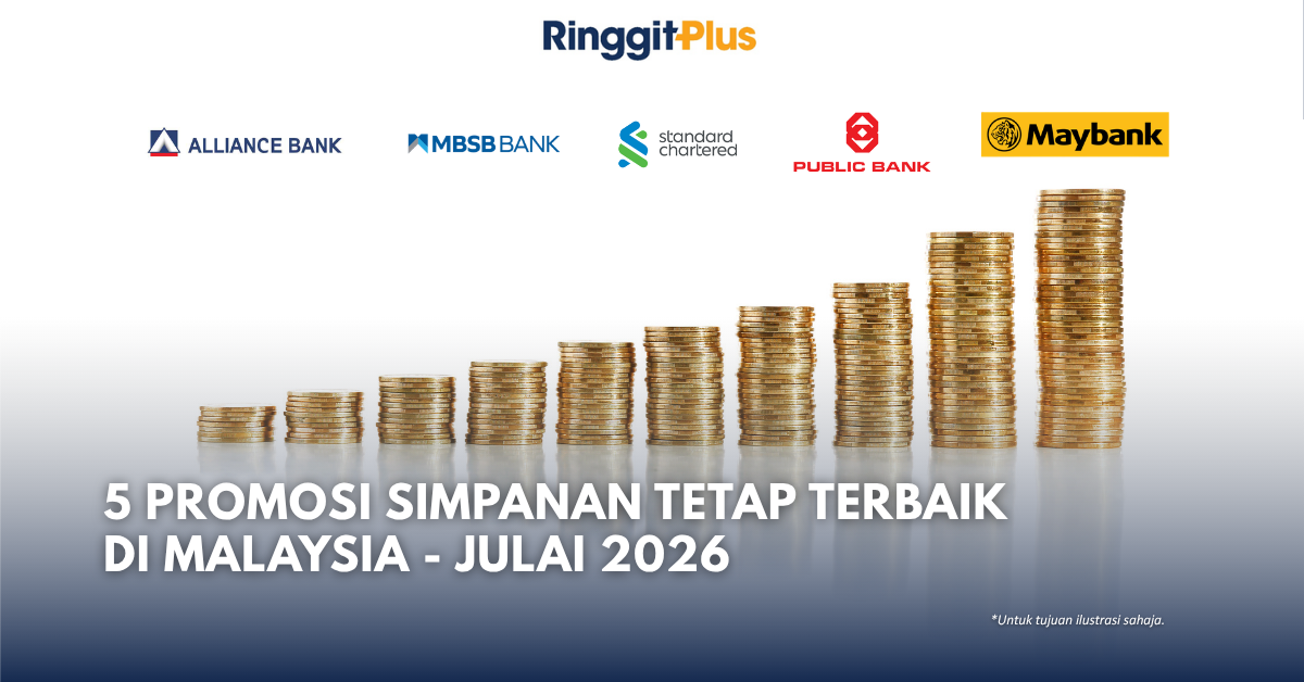 Promosi simpanan tetap terbaik di Malaysia Julai 2026 oleh RinggitPlus, menampilkan logo Alliance Bank, MBSB Bank, Standard Chartered, Public Bank dan Maybank dengan ilustrasi syiling menaik.
